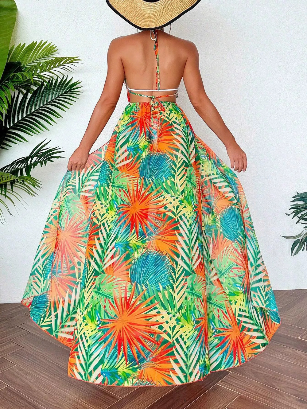 ZARA Sexy Halter Maxi Beach Dress Deep V Tie Side Slit Print